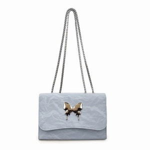 Light blue pleated shoulder bag with silver butterfly charm and chain straps