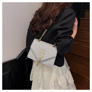 Detail of silver sequin crossbody bag with golden chain and tassel accent
