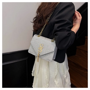 Detailed shot of silver glitter crossbody bag with gold chain strap and tassel charm