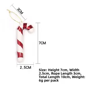 Detailed size specs for red and white candy cane ornament with golden string loop