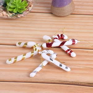 Set of 6 Christmas candy cane ornaments in red, gold and silver stripes with hanging strings