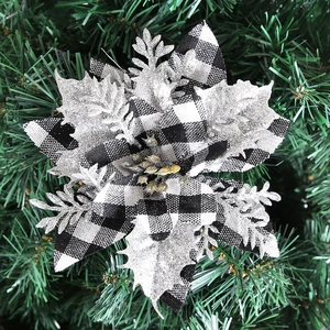 14cm Christmas flower with black and white plaid petals and silver glitter edges