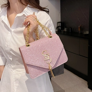 Pink glitter small square shoulder bag with gold chain and S logo pendant