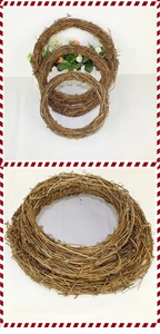 Close-up of handmade natural rattan wreaths in various sizes for DIY Christmas decor