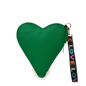 Green heart-shaped handbag in lychee leather with colorful LOVE printed strap handle