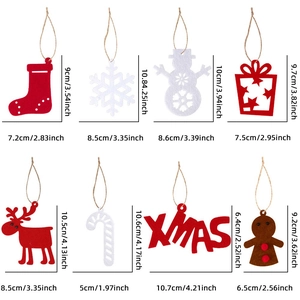 Detailed view of 8-piece felt Christmas ornaments with precise size measurements