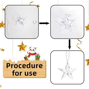 Clear plastic star Christmas ornament assembly steps with hanging ribbon and metal ring