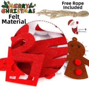 Detail of Christmas felt ornaments with gingerbread man and hemp rope for hanging
