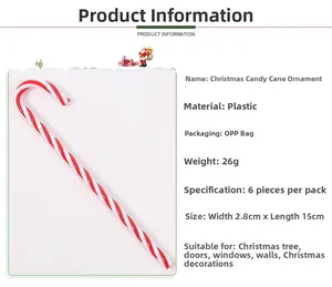 Detail view of 6-piece red and white striped Christmas candy cane ornaments for tree decor