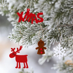 Christmas felt ornaments set with reindeer, gingerbread man, snowflake, and XMAS letters