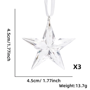 Detailed view of 3pcs transparent star ornaments with 4.5cm faceted surface and ribbon