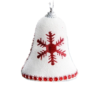 White Christmas bell ornament with red snowflake embroidery and sparkling red bead trim