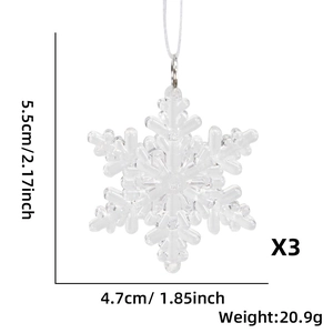 Set of 3 clear acrylic snowflake ornaments with dimensions and weight specifications