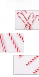 Detail of red and white spiral candy cane ornaments with glossy finish for Christmas trees