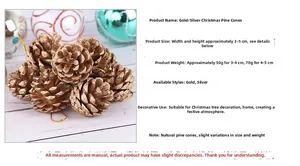 Close-up of gold and silver Christmas pinecones ornaments with hanging strings for tree decor