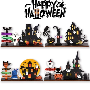 Halloween Wooden Table Decoration Haunted Castle Ghost Pumpkin Bat Sign Ornaments For Home Party Festive Scene Desktop Decor