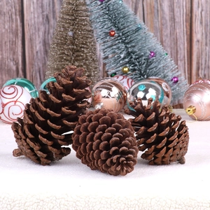 Three large natural pine cones displayed on white faux snow for Christmas decorations