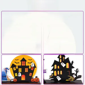 Close-up of 5mm thick Halloween wooden castle signs with pumpkin and ghost motifs