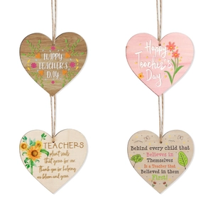 Detail of four wooden heart pendants with sunflower prints for Teacher's Day gifts
