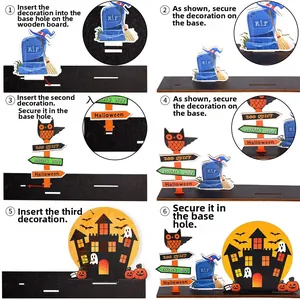 6-step assembly guide for Halloween wooden desk decor featuring ghosts and pumpkin themes
