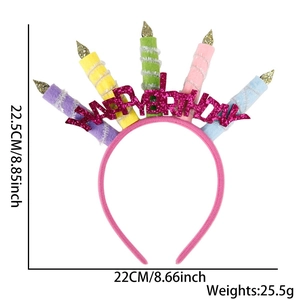Pink plush birthday party headband with colorful candles and Happy Birthday sequins