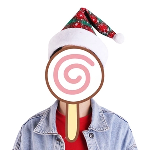 Detail of red and green plaid Christmas hat with snowflake print and soft plush trim