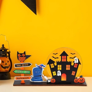 Halloween wooden desktop castle set with pumpkin, RIP tombstone and spooky ghost signs