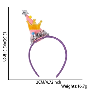 Detailed size specifications for pink party hat headband with purple base and silver tinsel