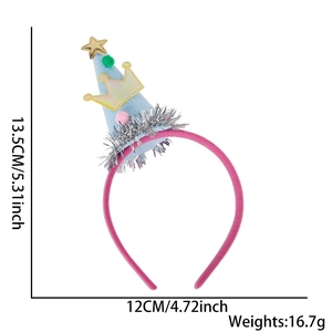 Detailed view of birthday party headband with measurements and pink pompom accents