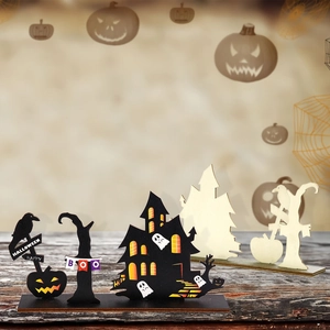 Wooden Halloween desktop ornament featuring a haunted castle, pumpkin, and ghost silhouette
