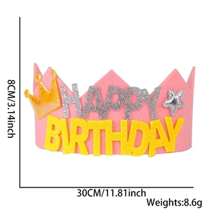 Detailed size specifications for pink felt happy birthday crown party headband