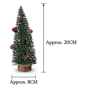 Miniature snow-tipped Christmas tree with pine cones and wooden base, 20cm height detail