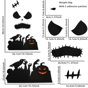Detailed size guide for Halloween ghost door stickers with dimensions in cm and inches