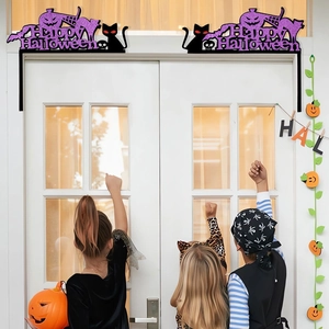 Purple glitter Halloween door frame decor with pumpkins, bats and black cat on white doors