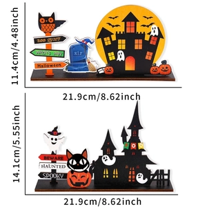 Halloween wooden castle table decor with pumpkin and ghost designs for party decoration