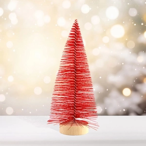 Close-up of a red sisal mini Christmas tree with a natural wooden base for table decor