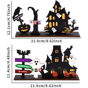 Halloween wooden castle table decors with pumpkin and ghost showing specific dimensions