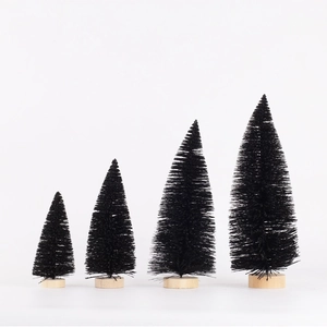 Set of four black mini pine needle Christmas trees with wooden bases for tabletop decor