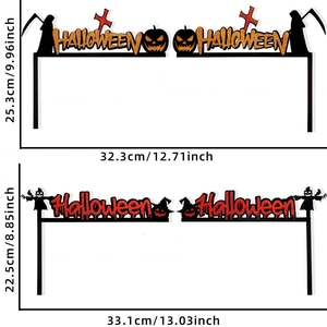 Detailed dimensions of Halloween felt door corner decals with pumpkin and reaper designs