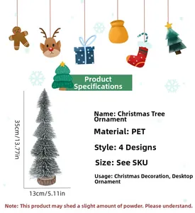 Detailed size chart of 35cm frosted mini Christmas tree with wooden base dimensions