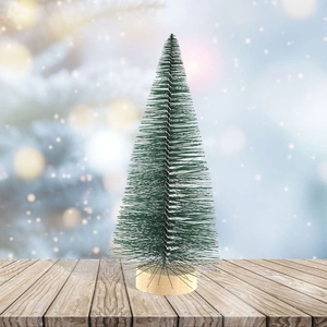 Miniature green sisal Christmas tree on a rustic wooden base for festive tabletop decor