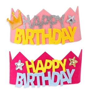 Felt Happy Birthday crown headbands in pink and rose red with sparkling glitter star accents