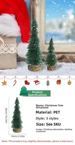 Close-up of artificial snow-flocked cedar tree ornament with a natural wooden base