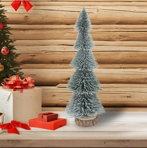 Mini artificial Christmas tree with snow flocked needles and wooden base for tabletop decor