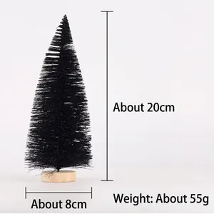 Detailed view of a 20cm black mini Christmas tree with a wooden base and size annotations