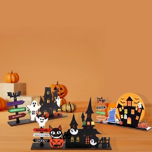 Halloween wooden tabletop decor set featuring ghost, castle, and pumpkin patch signs