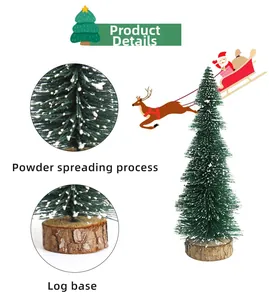 Detail view of mini snowy Christmas tree with white powder needles and natural log base