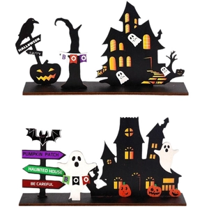 Halloween wooden desktop ornaments with haunted castle ghost pumpkin and bat silhouettes