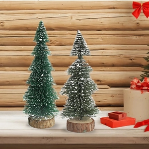 Mini tabletop cedar trees with snow effect and natural wood bases for festive decor