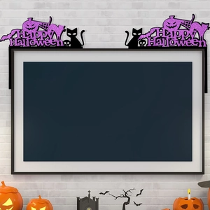 Purple glitter Halloween door frame decor with black cat, pumpkin and skull designs